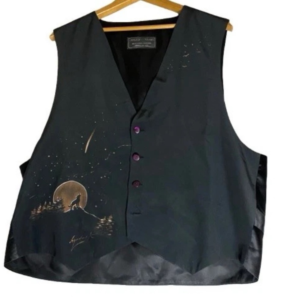 Desjardins‎ Roussin Handmade In Montreal Black Vest Size L Wolf Howling Moon Art